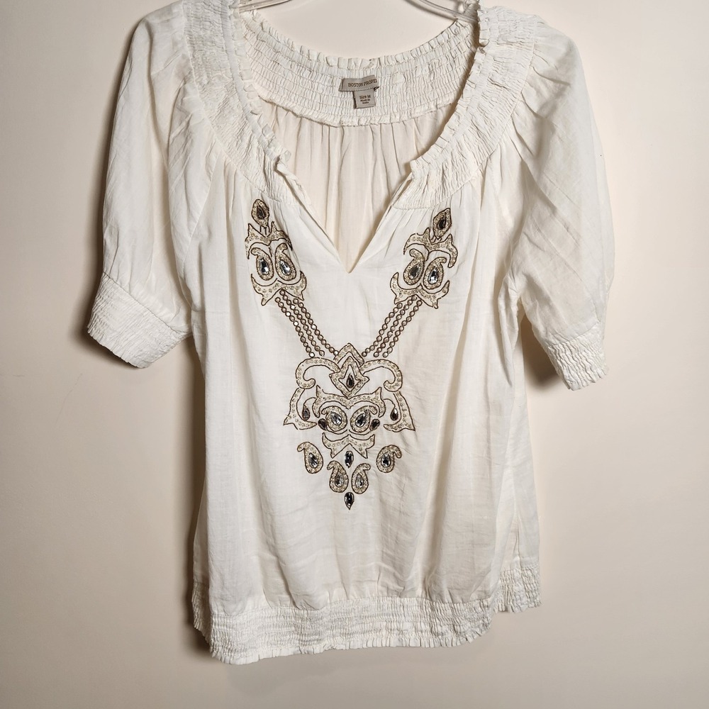 Boston Proper Peasant Blouse Womens M White Embroidered Beaded Cotton Boho